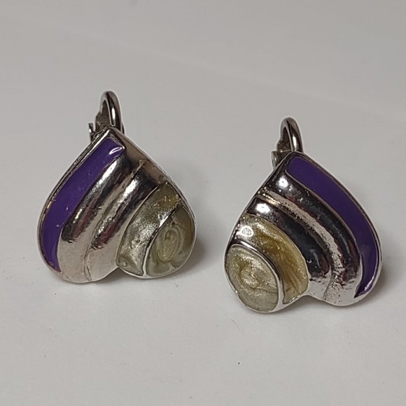 Purple And Silver Tone Vintage Heart Clip On Earrings - Picture 4 of 14
